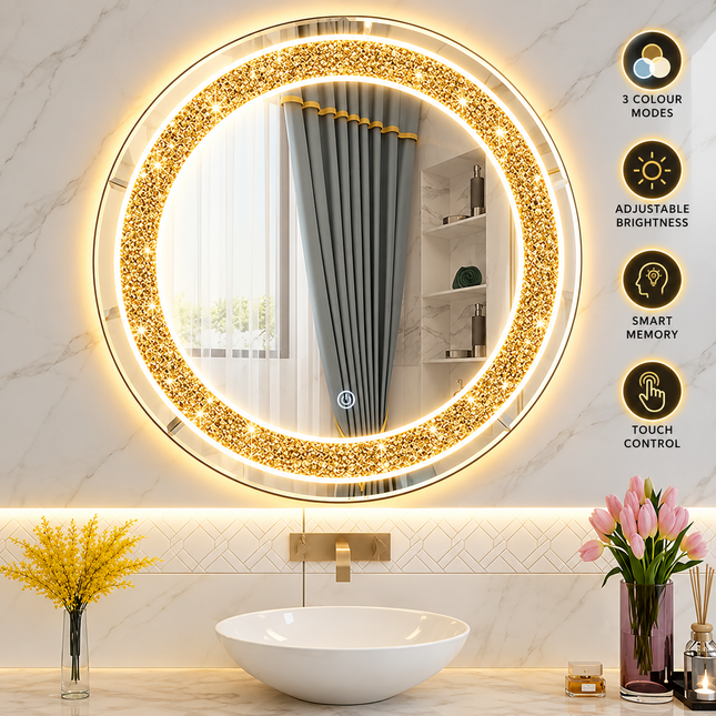 Vinia Gold Crystal LED Mirror with 3 LED Lights