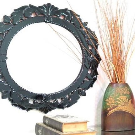 Kazbek Round Black Glass Modern Venetian Mirror 1.2