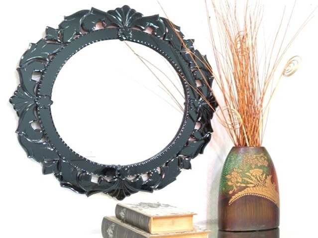Kazbek Round Black Glass Modern Venetian Mirror 1.2