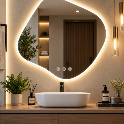 An organic-shaped LED backlit bathroom mirror mounted on a textured beige wall above a modern wooden vanity with a white vessel sink, plants, and hanging pendant lights.