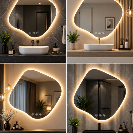 Four-panel collage showing an organic-shaped LED backlit bathroom mirror mounted above a sink in modern bathroom interiors. The mirrors glow with warm light, set against dark stone and wood walls with vessel sinks, plants, and decor.