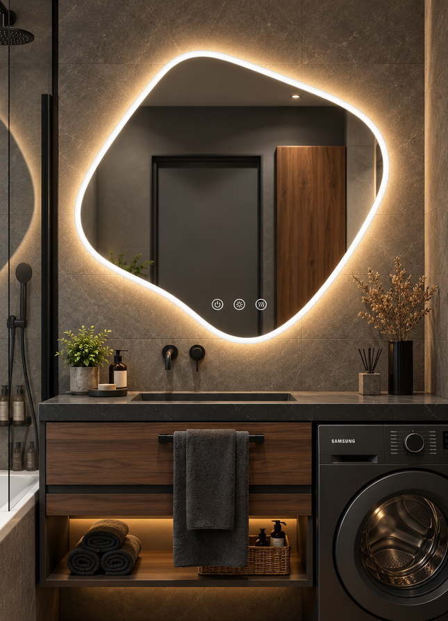 A modern bathroom vanity with an organic-shaped LED backlit mirror mounted on a textured gray wall. Below the mirror is a dark wood and black countertop with a sink, towel, open shelf with rolled towels, and a black Samsung washing machine integrated on the right.