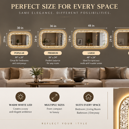 Vinia Curve Gold Crystal Rectangle LED Mirror