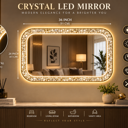 Vinia Curve Gold Crystal Rectangle LED Mirror
