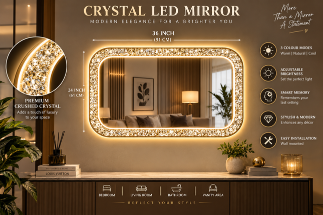 Vinia Curve Gold Crystal Rectangle LED Mirror