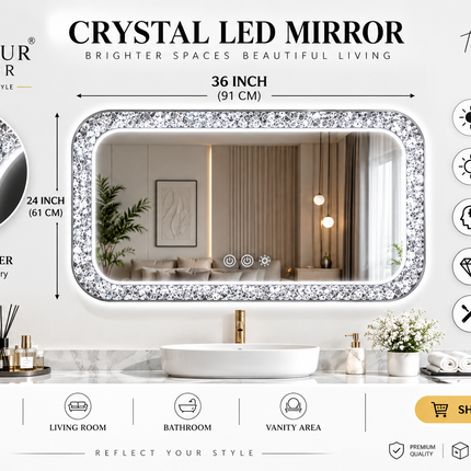 Vinia Curve Gold Crystal Rectangle LED Mirror