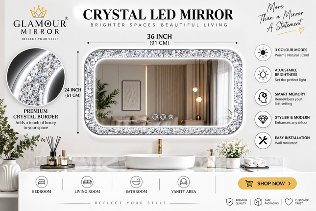 A promotional graphic for a 36-inch crystal LED mirror by Glamour Mirror, showing the rectangular mirror with a sparkling silver frame, a bathroom scene reflected in the glass, and multiple feature callouts on a white background with decorative bathroom props.
