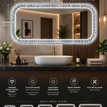 Vinia Silver Crystal Curve Rectangle LED Mirror