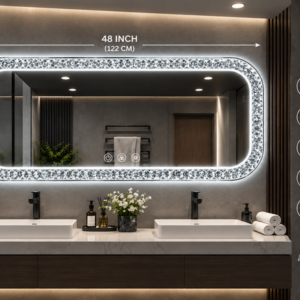 Vinia Silver Crystal Curve Rectangle LED Mirror